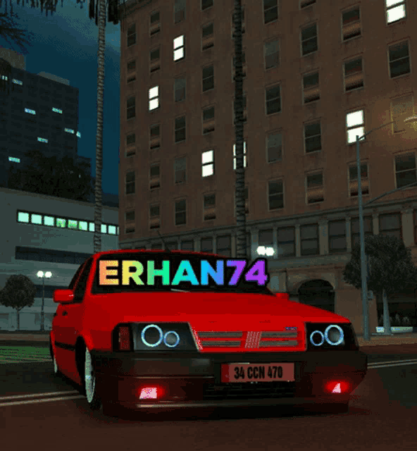 a red car with the name erhan74 on the front