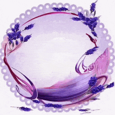 a purple circle with purple flowers and a feather in the middle