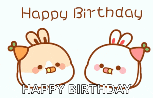 a happy birthday greeting card with a couple of rabbits wearing party hats