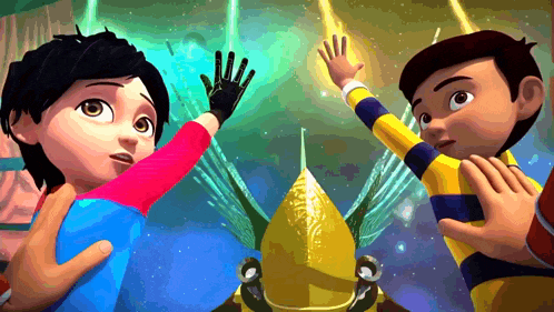 two cartoon characters are standing next to each other with their hands up