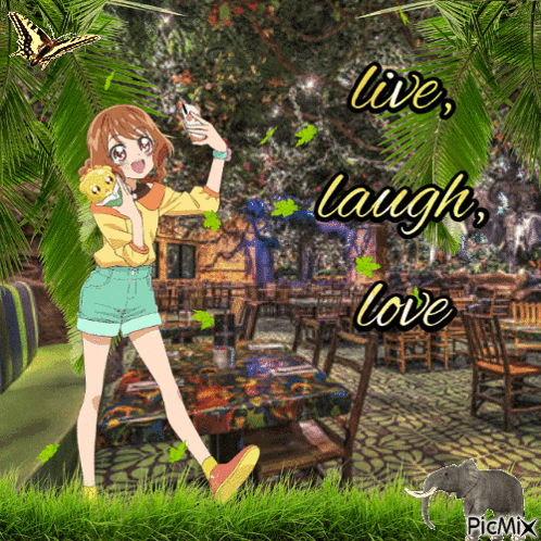 a picture of a girl holding a teddy bear with the words live laugh love behind her