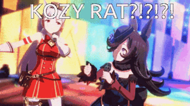 two anime girls are singing into microphones with the words kozy rat written above them
