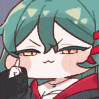 a cartoon girl with green hair and red eyes is wearing a black jacket and a necklace .