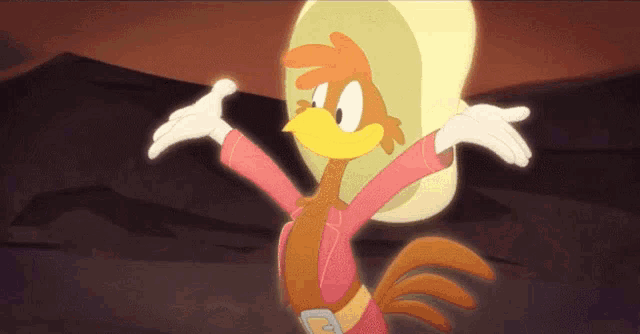 a cartoon rooster is wearing a cowboy hat and gloves