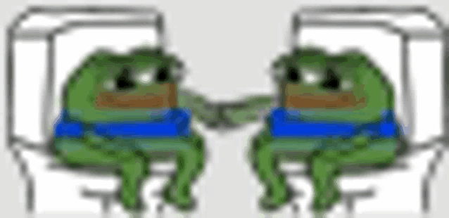 two frogs are sitting on a toilet shaking hands .
