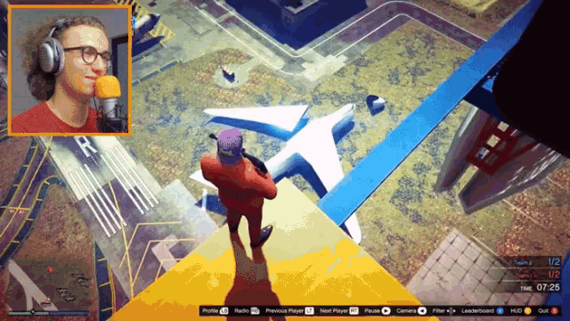 a man wearing headphones is playing a video game with the time 07:25 on the screen