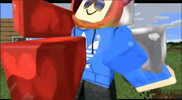 a cartoon character wearing a blue adidas sweatshirt