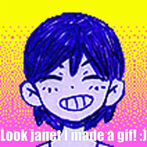 a pixel art drawing of a girl with the words look janet i made a gif below it