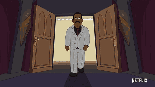 a cartoon of a man in a white suit standing in front of a door with netflix written below him