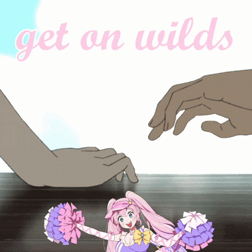 a cheerleader is reaching out towards another cheerleader with the words get on wilds written above her