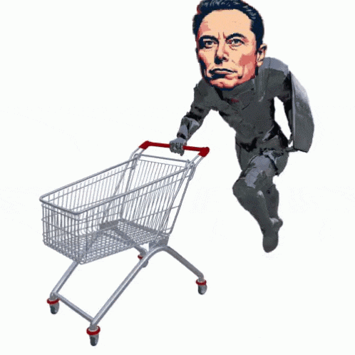 a cartoon of elon musk pushing a shopping cart with his head on it