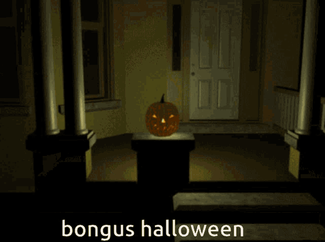 a pumpkin with a face carved into it sits on a pedestal with bongus halloween written on it