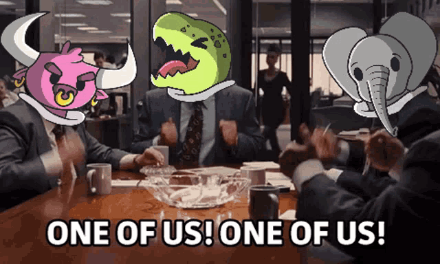 a group of people are sitting around a table and one of them says one of us