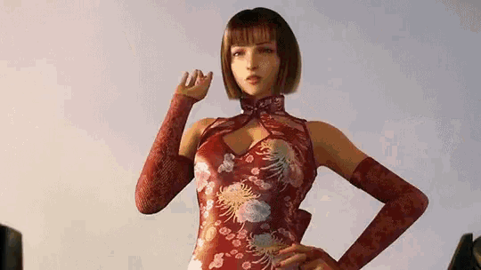 a woman in a red dress and red gloves is standing with her hands on her hips and giving a thumbs up .