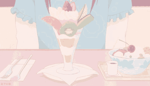 a cartoon drawing of a person eating a dessert with kiwi and strawberries