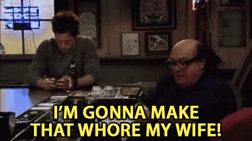 a man sitting at a bar says i 'm gonna make that whore my wife !