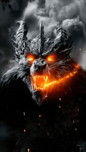 a painting of a demon with flames coming out of its mouth and horns