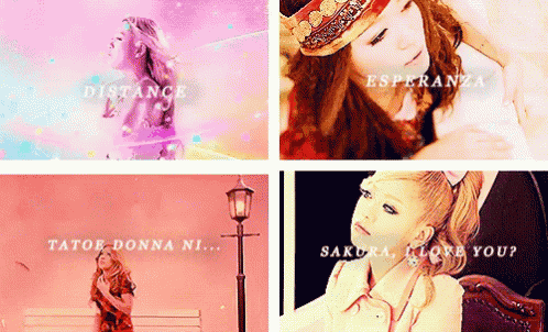 a collage of four pictures of a woman with the words distance tatoe donna ni esperanza sakura i love you