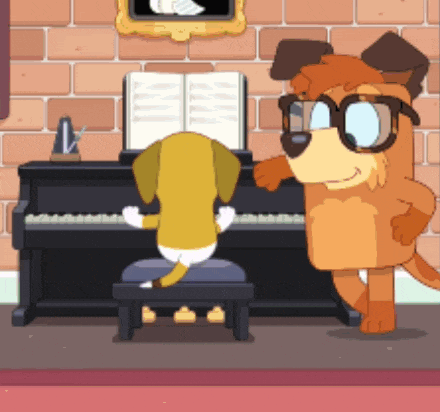 a cartoon dog playing a piano next to another dog