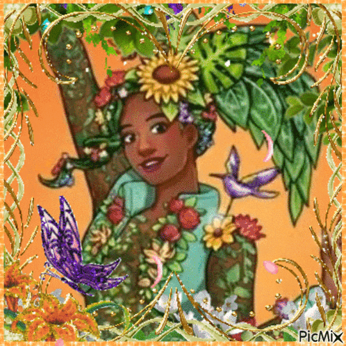 a painting of a woman with flowers on her head and butterflies