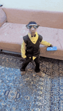 a monkey wearing a suit and sunglasses is standing on a rug