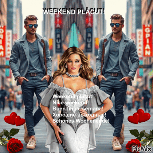 a picture of two men and a woman with the words weekend placut on it