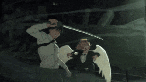 a man is holding a sword while a woman with angel wings is being pulled by him