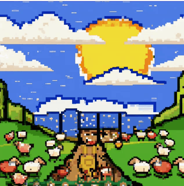 a pixel art drawing of a sheep herd with the sun shining through the clouds