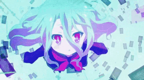 a girl with purple hair is flying through the air surrounded by purple squares .