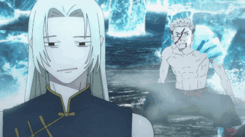 a cartoon character with long white hair and a blue shirt
