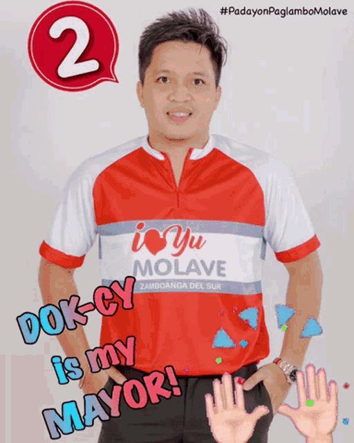 a man wearing a red shirt that says i love you molave