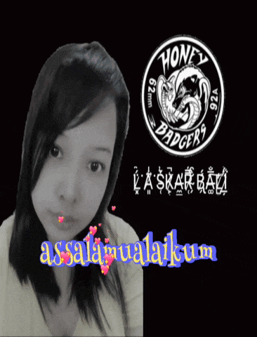 a black and white photo of a woman with a honey badgers logo behind her