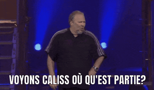 a man dancing on a stage with the words voyons caliss où qu'est partie