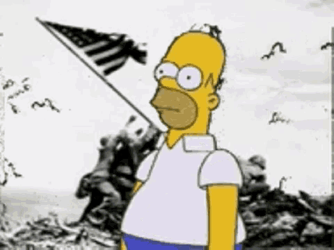 homer simpson from the simpsons is holding an american flag in front of a black and white photo of soldiers .