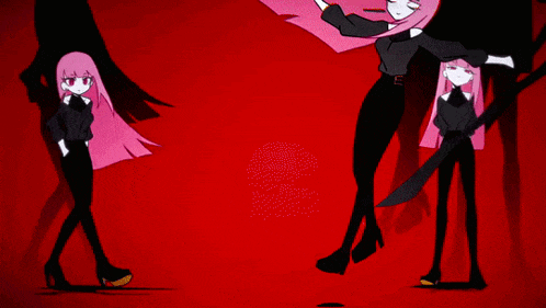 a girl with pink hair and black pants is standing in front of a red background