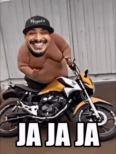 a man is riding a motorcycle with the words ja ja ja written below him