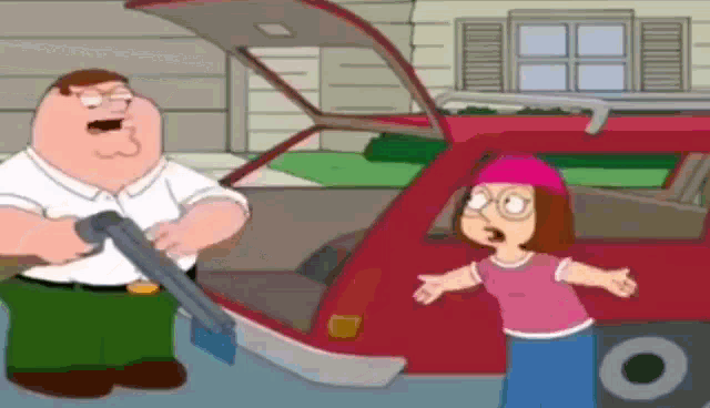 a cartoon of peter griffin and meg griffin standing in front of a red car