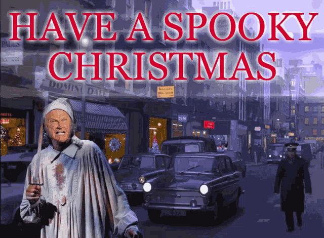 a poster that says have a spooky christmas with a man smoking a cigarette