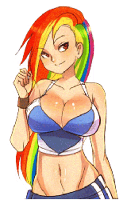 a drawing of a girl with rainbow hair and a blue top