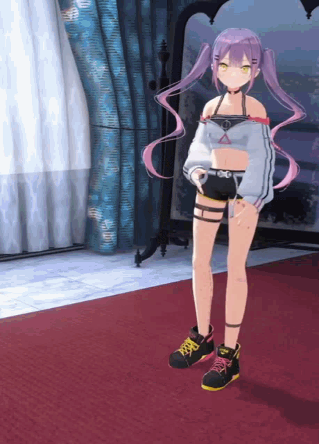 a girl with purple hair is standing in a room