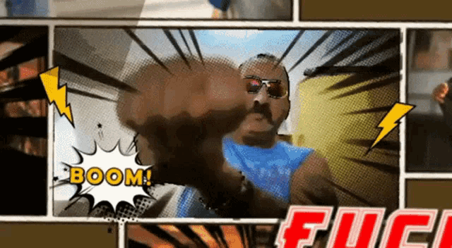 a comic strip shows a man with sunglasses and the word boom