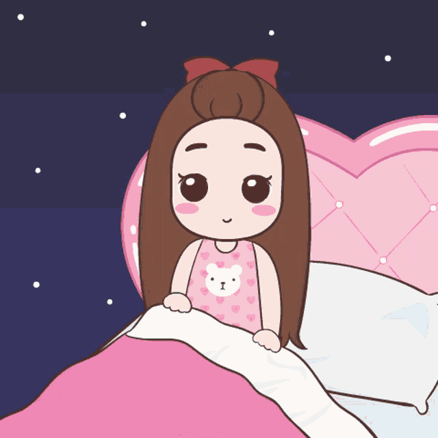 a cartoon girl is sitting in a bed with a heart headboard