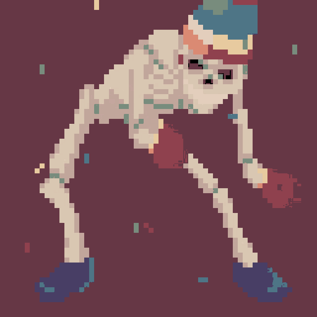 a pixel art illustration of a skeleton wearing a party hat