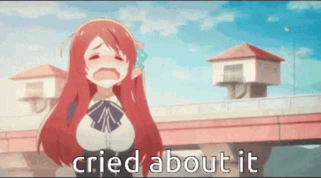 a girl with red hair is crying with the words cried about it behind her