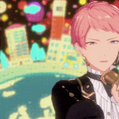 a cartoon character with pink hair and purple eyes is holding a microphone