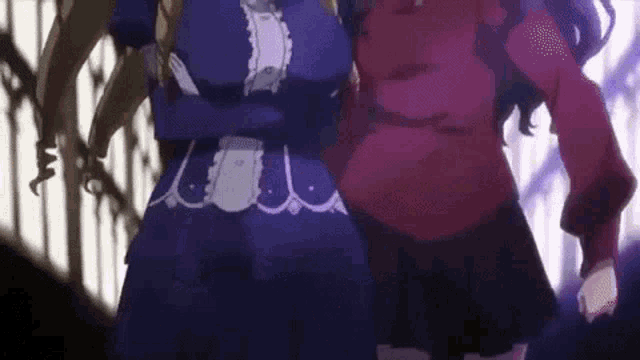 two anime girls are standing next to each other holding hands and looking at each other .