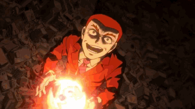 a man in a red suit and tie is holding a glowing ball