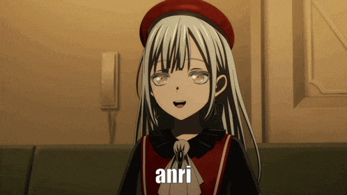 a girl with long white hair and a red hat has the word anri on her face