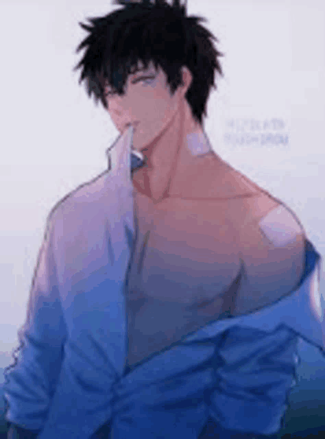 a shirtless anime character with a bandage on his shoulder is standing in front of a white background .