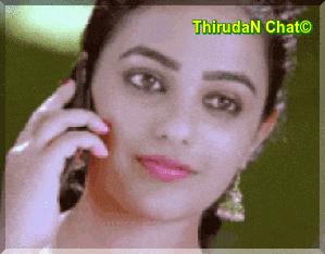 a close up of a woman talking on a cell phone with thirudan chat written on the bottom